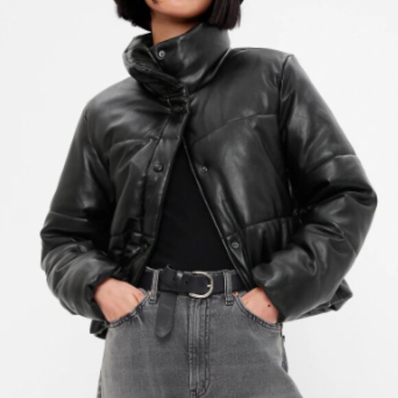 GAP Faux-Leather Cropped Puffer Jacket | Black | Small - Picture 1 of 7